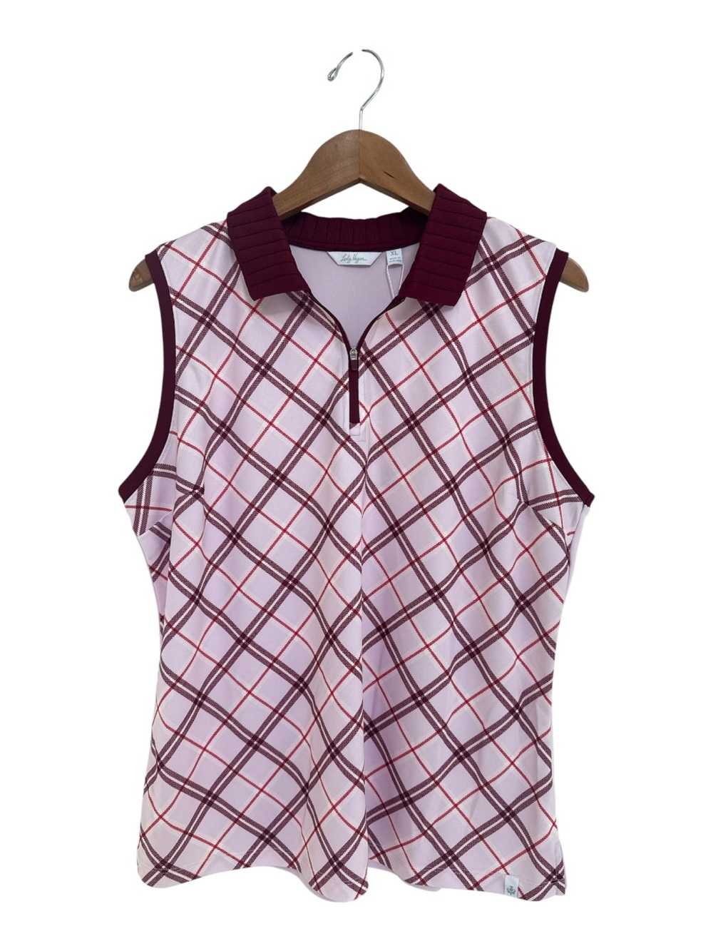 NWT Lady Hagen Pink and Burgundy Plaid Sleeveless Zip Golf Polo New with Tags